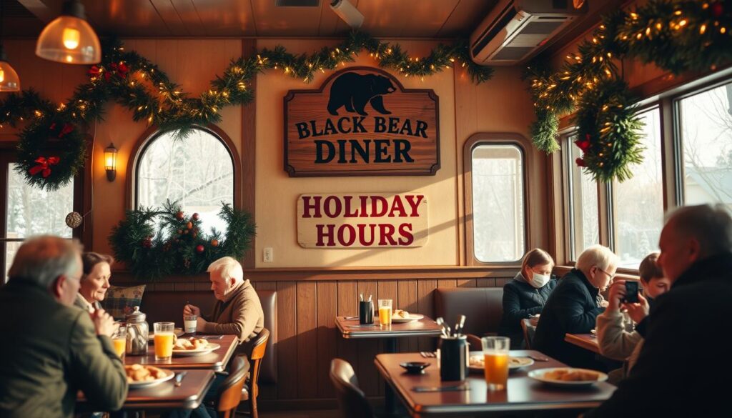 Prompt A cozy, rustic diner interior with warm lighting and a classic holiday ambiance. A wooden sign prominently displayed on the wall reads &quot;BLACK BEAR DINER HOLIDAY HOURS&quot;, surrounded by festive garlands, wreaths, and twinkling string lights. The diner's signature bear logo is subtly integrated into the holiday decor. Customers are seated at tables, enjoying hearty breakfast dishes as the winter sun streams in through large windows, casting a gentle glow over the scene. The overall mood is inviting, nostalgic, and captures the spirit of a cherished holiday breakfast tradition.