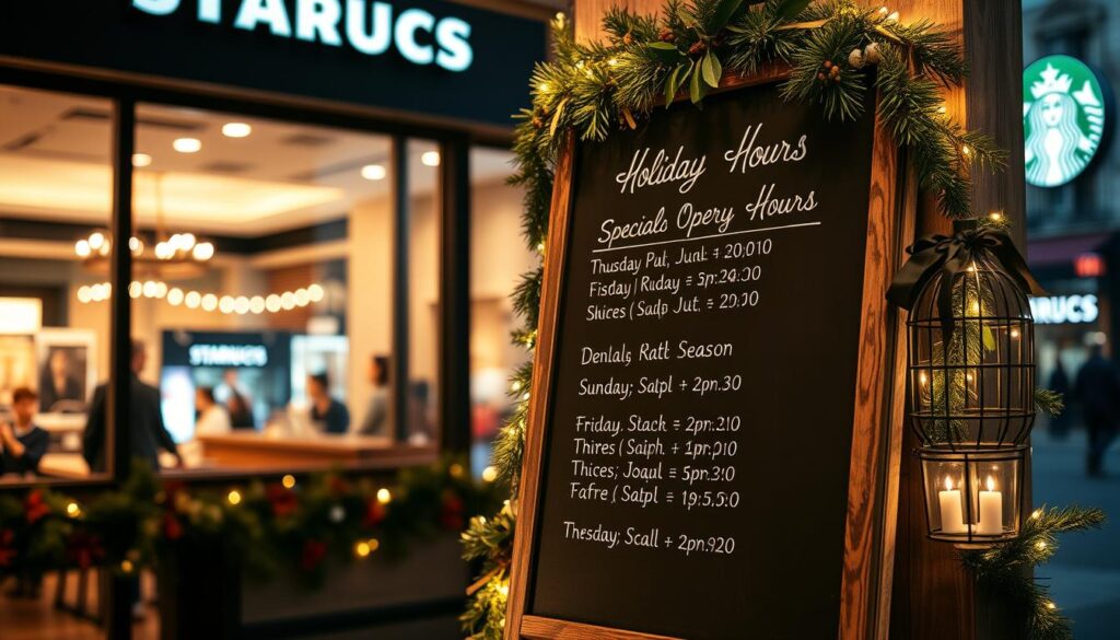 Starbucks Holiday Hours Schedule - a meticulously designed storefront display showcasing the special operating hours for the upcoming festive season. The scene is illuminated by warm, ambient lighting, casting a cozy, inviting glow. In the foreground, a large, chalkboard-style board displays the detailed schedule, its elegant handwritten typography against a rustic, weathered background. Surrounding the board, an arrangement of seasonal foliage, such as holly, pine branches, and twinkling fairy lights, creates a festive, holiday atmosphere. In the middle ground, the iconic Starbucks logo and branding stand out prominently, while the background features a blurred, out-of-focus view of the bustling street outside, hinting at the store's vibrant, community-centric setting. Starbucks Holiday Hours Schedule - a meticulously designed storefront display showcasing the special operating hours for the upcoming festive season. The scene is illuminated by warm, ambient lighting, casting a cozy, inviting glow. In the foreground, a large, chalkboard-style board displays the detailed schedule, its elegant handwritten typography against a rustic, weathered background. Surrounding the board, an arrangement of seasonal foliage, such as holly, pine branches, and twinkling fairy lights, creates a festive, holiday atmosphere. In the middle ground, the iconic Starbucks logo and branding stand out prominently, while the background features a blurred, out-of-focus view of the bustling street outside, hinting at the store's vibrant, community-centric setting.