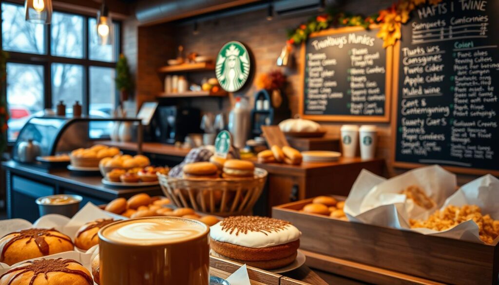 Starbucks Thanksgiving Hours Alternative Options: A cozy coffee shop on a crisp autumn day, with warm lighting and a rustic, inviting atmosphere. In the foreground, an array of tempting baked goods and seasonal beverages, including a steaming mug of pumpkin spice latte. The middle ground showcases a selection of to-go items, like sandwiches and pastries, perfect for a Thanksgiving meal alternative. In the background, a chalkboard menu board displays other holiday-themed offerings, such as apple cider and mulled wine. The overall scene conveys a sense of comforting tradition and festive celebration, even for those unable to visit a Starbucks on the holiday.